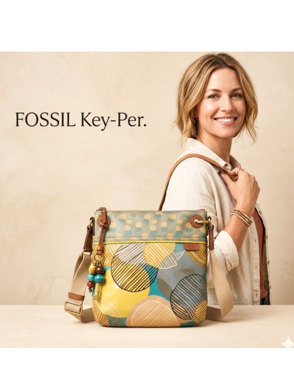 Fossil Key Per Shoulder Cross Body Bag Coated Canvas Geometric Circles NEW